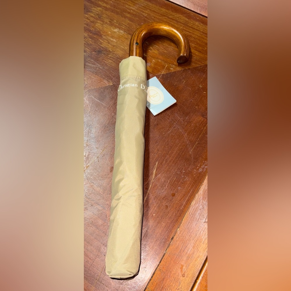 Christian Dior Umbrella Wooden Handle Gold Beige Folding Compact New W/ Tags